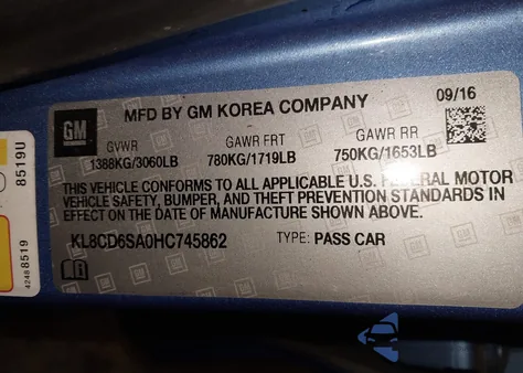 2017 Chevrolet Spark 1Lt Cvt из США, поврежденный, VIN KL8CD6SA0HC745862